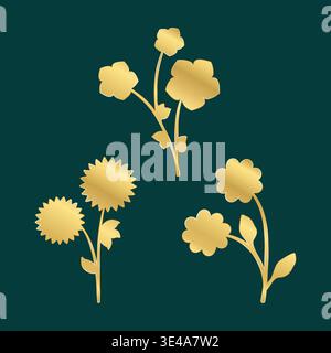 Three unique golden floral illustrations feature elegant stems and leaves. Each design shines with a metallic gold finish against a deep teal background. Stock Vector