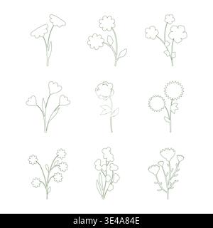 Nine distinct line art flower illustrations are arranged on a white background. Stock Vector