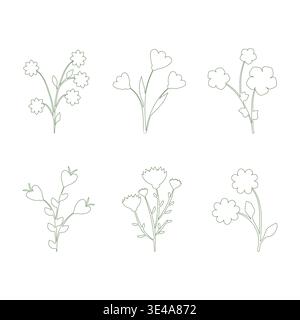 Six unique simple line art flowers are shown in a clean, minimalist style. Each flower drawing features delicate outlines of blossoms and stems, arranged elegantly on a plain white background. Stock Vector