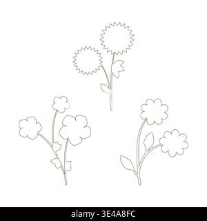Three distinct groupings of delicate line art flowers are presented on a clean white background. Stock Vector