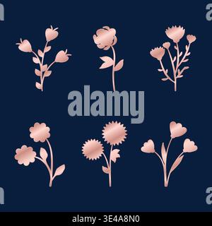 Six unique rose golden floral designs are presented on a deep navy background. Each botanical element showcases a distinct metallic shimmer and intricate flower and leaf patterns. Stock Vector