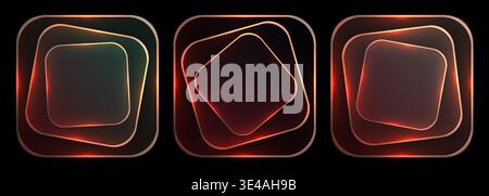 Neon glowing rounded square frames abstract background with three floating luminous shapes, warm orange and red glows against deep black, high Stock Vector