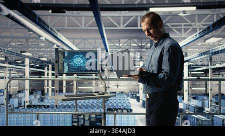Data center engineer adjusts system settings to improve AI rigs processing speed and efficiency. Server hub employee manages infrastructure to support artificial intelligence workloads, camera A Stock Photo