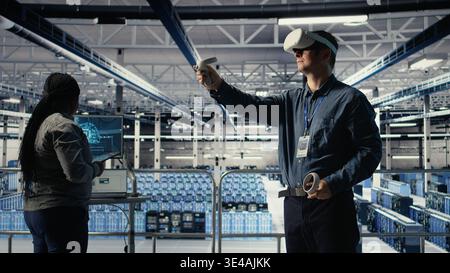 Data center employee check AI dashboard using VR headset during systems review. Server hub worker using virtual reality tech to test artificial intelligence tools for reliable performance, camera A Stock Photo