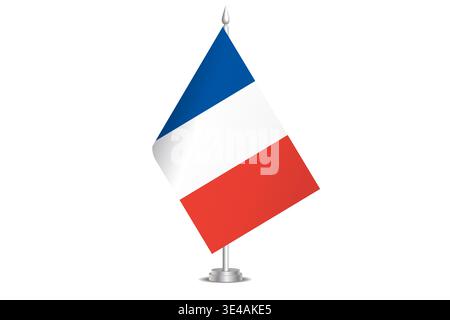France flag - wavy stick flag of country, cultural identity and heritage. Represents national pride and unity. Vector table flag hanged on the short hoist. Isolated on white background Stock Vector