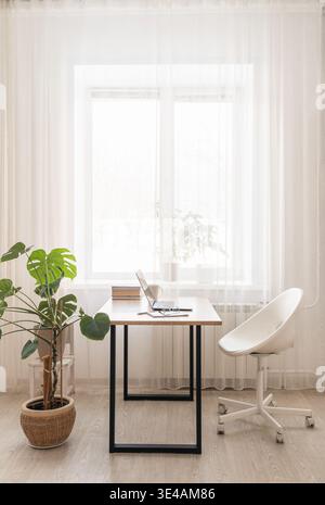 Modern home office workspace featuring laptop on wooden desk with white mug and notebook, surrounded by green plants bookshelves Stock Photo