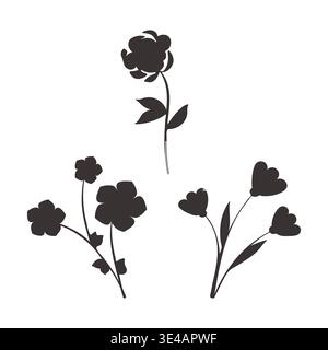 Three distinct abstract floral silhouettes stand out in black against a clean white background. Each delicate flower design offers a versatile botanical element perfect for various creative projects. Stock Vector