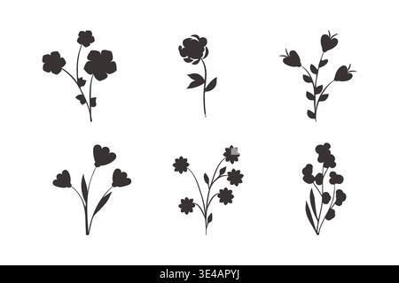 Six unique abstract black floral silhouettes are presented on a clean white background. Each design features a distinct flower or plant shape with stems and leaves, ideal for decorative graphics. Stock Vector