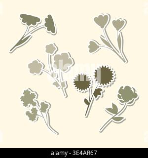 Six unique flower sticker designs are shown, each featuring a distinct plant with elegant, simple shapes in muted green tones. Stock Vector