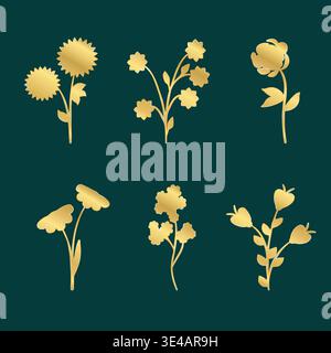 Six unique golden floral elements are displayed against a solid dark teal background. Each element features a distinct stylized flower or plant motif, rendered in a shimmering gold hue. Stock Vector