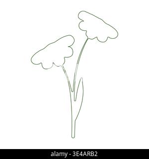 Two delicate green line art flowers stand upright, featuring simple wavy petals and slender stems. A small leaf is visible near the base. Stock Vector