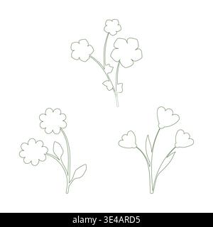 A clean collection of three distinct line art flower designs is presented. Each flower drawing features graceful stems and petals outlined in a light green hue on a white background. Stock Vector