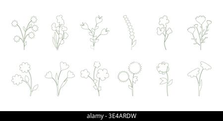 A collection of ten simple line art flowers with delicate stems and various bloom shapes. Each minimalist botanical illustration is drawn with clean lines on a white background. Stock Vector