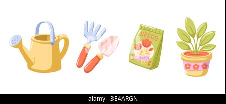 Spring gardening set with watering can, tools, seeds and plant. Cartoon vector illustration on white background Stock Vector