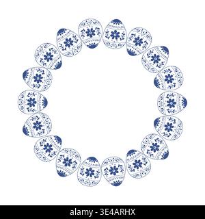 Ornamental Easter eggs round frame with daisy flowers in Scandinavian folk blue outline style. Vector isolated illustration on white background. Stock Vector