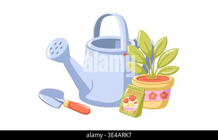 Gardening tools with watering can, plant and seeds spring composition. Cartoon vector illustration on white background Stock Vector