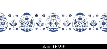 Seamless horizontal Easter eggs repeat pattern with small flowers in Scandinavian blue line art style. Vector illustration on white background. Stock Vector