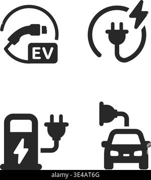 A set of black vector icons representing EV charging points, electric car plugs, and sustainable energy symbols. Stock Illustration. Stock Vector