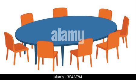 Simple vector illustration of a blue oval conference table surrounded by eight bright orange chairs. Stock Vector
