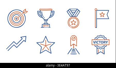 Eight linear vector icons illustrate concepts of success, achievement, goals, and victory. Perfect for business, education, or sports design projects. Stock Vector