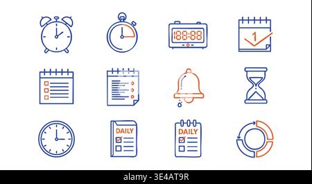 Vector illustration featuring various time management and daily planning graphic icons, perfect for scheduling, reminders, and productivity. Stock Vector