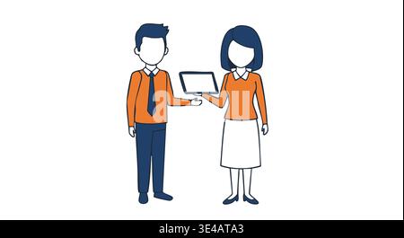 Business professionals collaboratively engaging with a digital tablet, representing modern communication, teamwork, and information sharing. Stock Vector