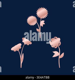 Collection of three distinct rose golden floral designs. Each element, including a stylized rose, shimmers with a metallic finish against a deep blue background. Stock Vector