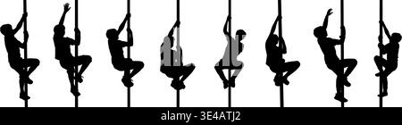 Vector illustration set featuring dynamic silhouettes of children climbing poles in various active poses. Stock Vector