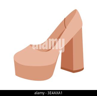 Platform block heel pump women brown flat shoe. Chunky sole dress footwear for party, office, weekend brunch, smart casual. Technical illustration, CAD mockup, rich vector men unisex isolated stylish  Stock Vector