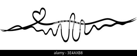 Continuous squiggle line clear heart silhouette in the center. Black freehand cable style stroke works as romantic divider for love quotes, wedding cards and Valentine layouts on white background. Stock Vector