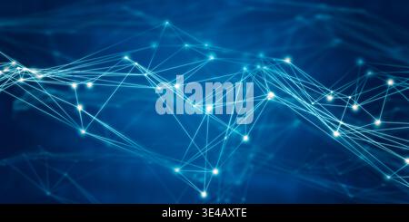 Abstract background with a technological network structure featuring blue dots and lines representing global connectivity. Flow of information and dat Stock Photo