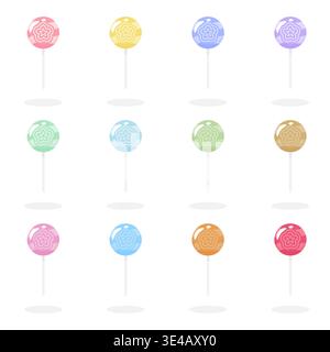 A set of cute pastel lollipops with star and stripe designs. Ideal for candy shop branding, birthday party graphics, stickers, and sweet theme pattern Stock Vector