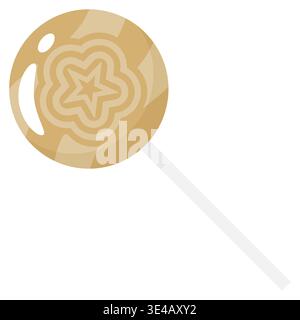 Brown round lollipop with a cute flower and star pattern. Sweet candy on a stick, flat vector illustration isolated on white background. Perfect for a Stock Vector