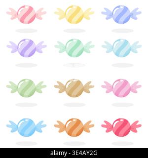 Set of cute pastel sweets in colorful striped wrappers. Ideal for party invitations, baby showers, pattern design, and sweet shop decorations Stock Vector