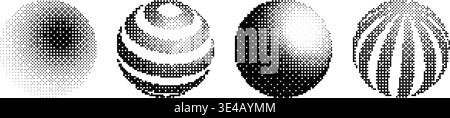 Pixel sphere shape set. Bitmap 3D globe form collection. Dithering circle element pack for graphic design, banner, poster, leaflet. Rasterized effect Halftone ball. Vector trendy Y2K geometric bundle Stock Vector