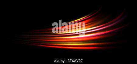 Red light trail element. Glowing neon speed line wave. Hot fire color luminous curved path concept. Abstract orange bent dynamic motion stripes. Bright fiery streaks for poster, banner, flyer. Vector Stock Vector