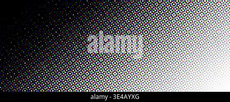 Corner dotted halftone gradient. Fading overlap rgb pixel gradation texture. Raster vanishing polka dot wallpaper. Repeated perforated pattern background. Vector comic pop art effect overlay backdrop Stock Vector