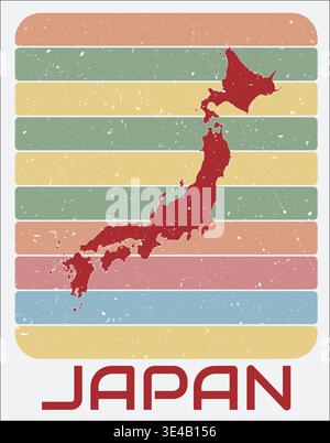 Japan vintage logo. Shape of the country on retro colored stripes background. Japan map design with grunge scratch texture. Vector illustration. Stock Vector
