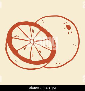 Hand drawn vector illustration of a whole orange and a sliced half showing the inner sections. Versatile citrus line art perfect for juice branding Stock Vector