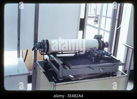 View of a standard typewriter that types Chinese characters, letters. In China, 1978. This slide picture was taken during an American group tour in 1978 to China, a cultural exchange tour of the US-China Peoples Friendship Association. Stock Photo