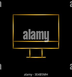 Desktop computer monitor with empty frame, golden metallic lines, device screen mockup, black background. Stock Vector