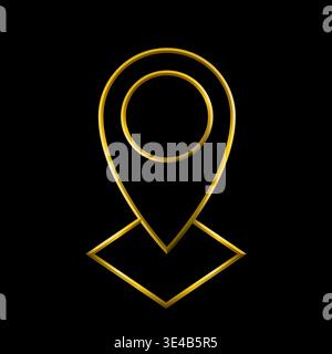 Position map pin icon, tridimensional metallic golden lines, black background. Navigation pin, travel, direction, location, place, destination symbol. Stock Vector