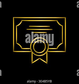 Certificate icon in golden metallic thin lines. Badge, reward, certified, ribbon, best, medal. Stock Vector