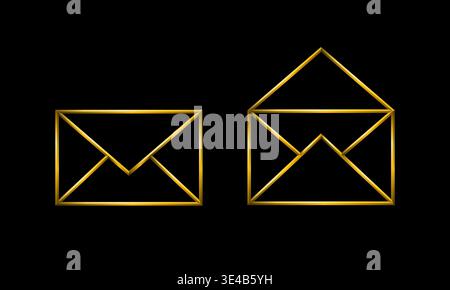 E-mail letter icons set, closed and opened mail. Golden metallic gradients, tridimensional modern visual. Correspondence, newsletter, message symbol. Stock Vector