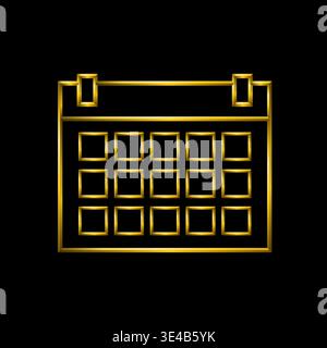 Calendar agenda icon, tridimensional metallic golden lines, black background. Reminder, date, month, event, plan premium vector. Stock Vector