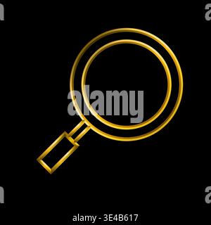 Search, magnifying glass icon, magnifier or loupe symbol. Tridimensional lines, premium elegant golden illustration in a black background. Stock Vector