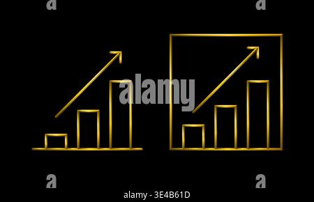 Data chart graph, tridimensional metallic golden lines, black background. Stock Vector