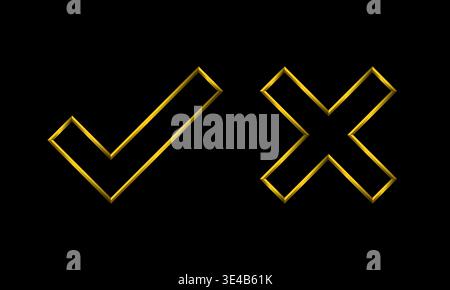 Right and wrong buttons in metallic gold colors. Yes or no check mark, yes or no check mark. Stock Vector