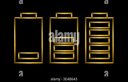 Battery charge icon, metallic 3d gold lines, black background. Mobile, cell phone, charger, energy, power, fuel symbol. Stock Vector