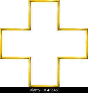 Gold plus symbol. Add, cross, health, hospital, pharmacy shape. Golden metallic aesthetic. Stock Vector